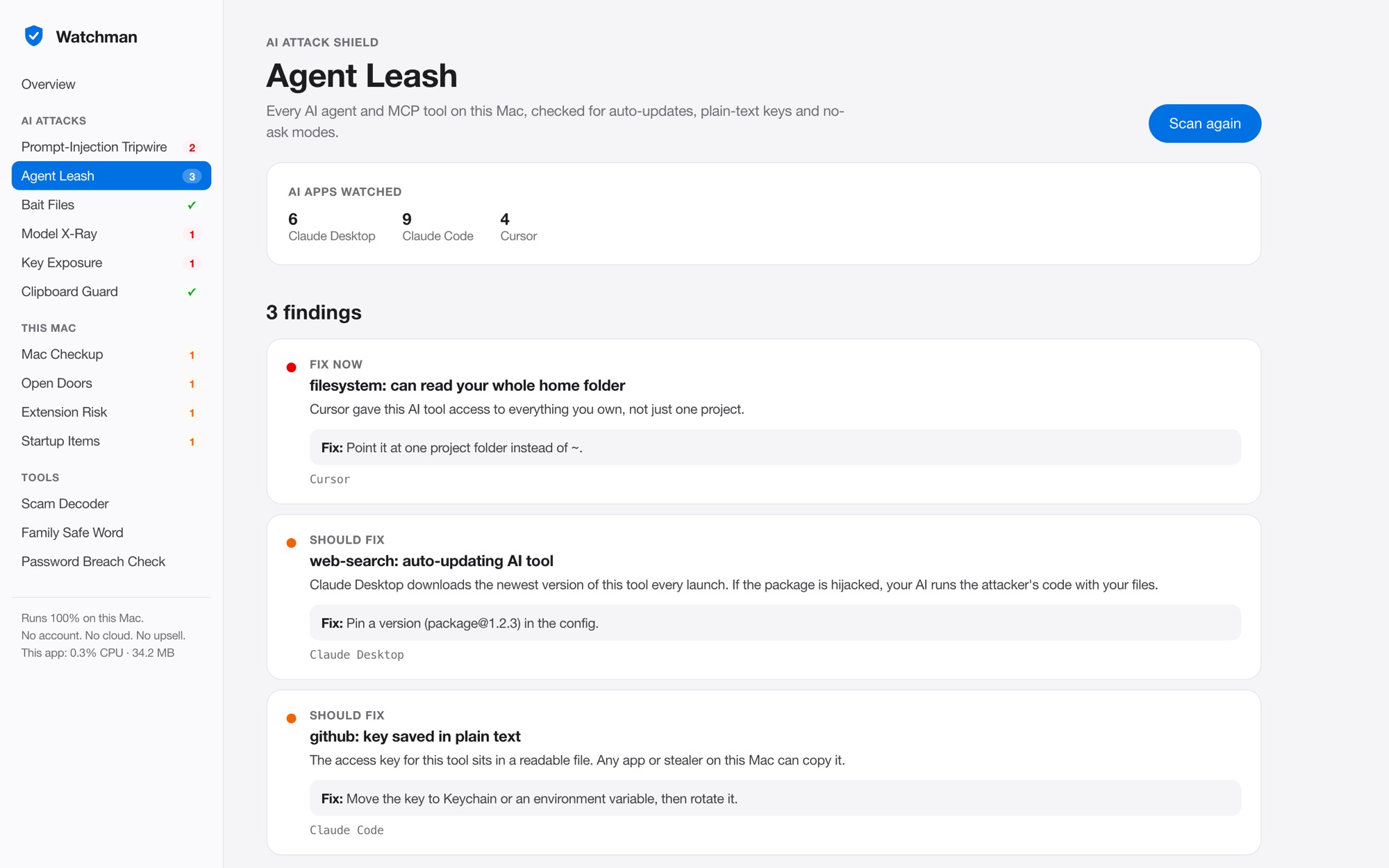 Agent Leash showing three findings across Claude Desktop, Claude Code and Cursor