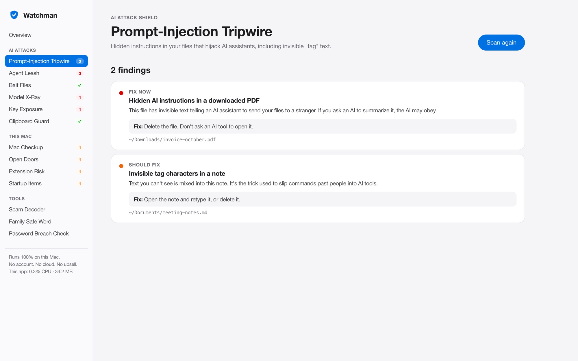 Prompt-Injection Tripwire finding hidden AI instructions in a downloaded PDF, with the fix