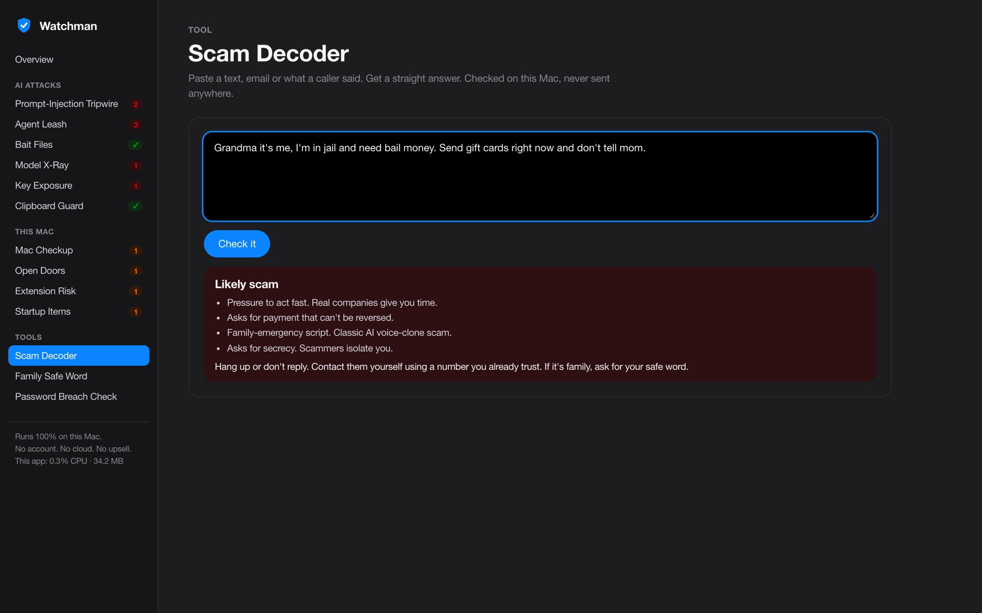 Scam Decoder marking a family-emergency gift card message as a likely scam, with four reasons